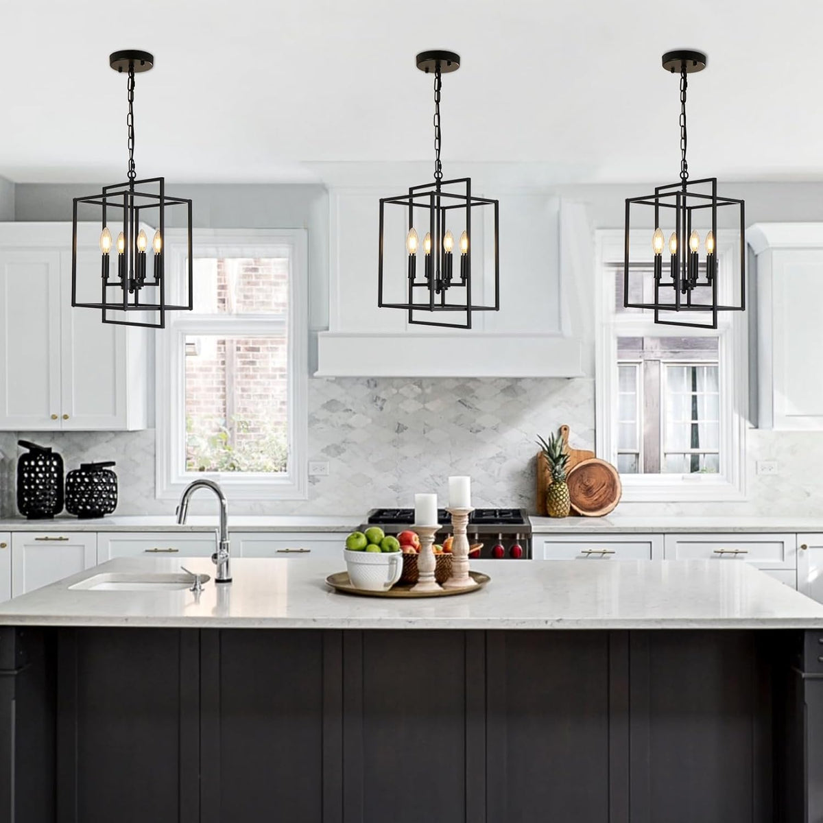 4-Light Vintage Black Chandelier, Foyer Lighting Fixtures Farmhouse Chandeliers for Dining Room, Modern Industrial Lantern Pendant Light for Kitchen Island Entryway Stairway