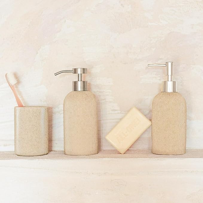 Small Sand Beige Toothbrush Holder for Bathroom Countertop, Modern Boho Farmhouse Style, Multi-Purpose Organizer, Rust-Proof Unbreakable Resin Cup