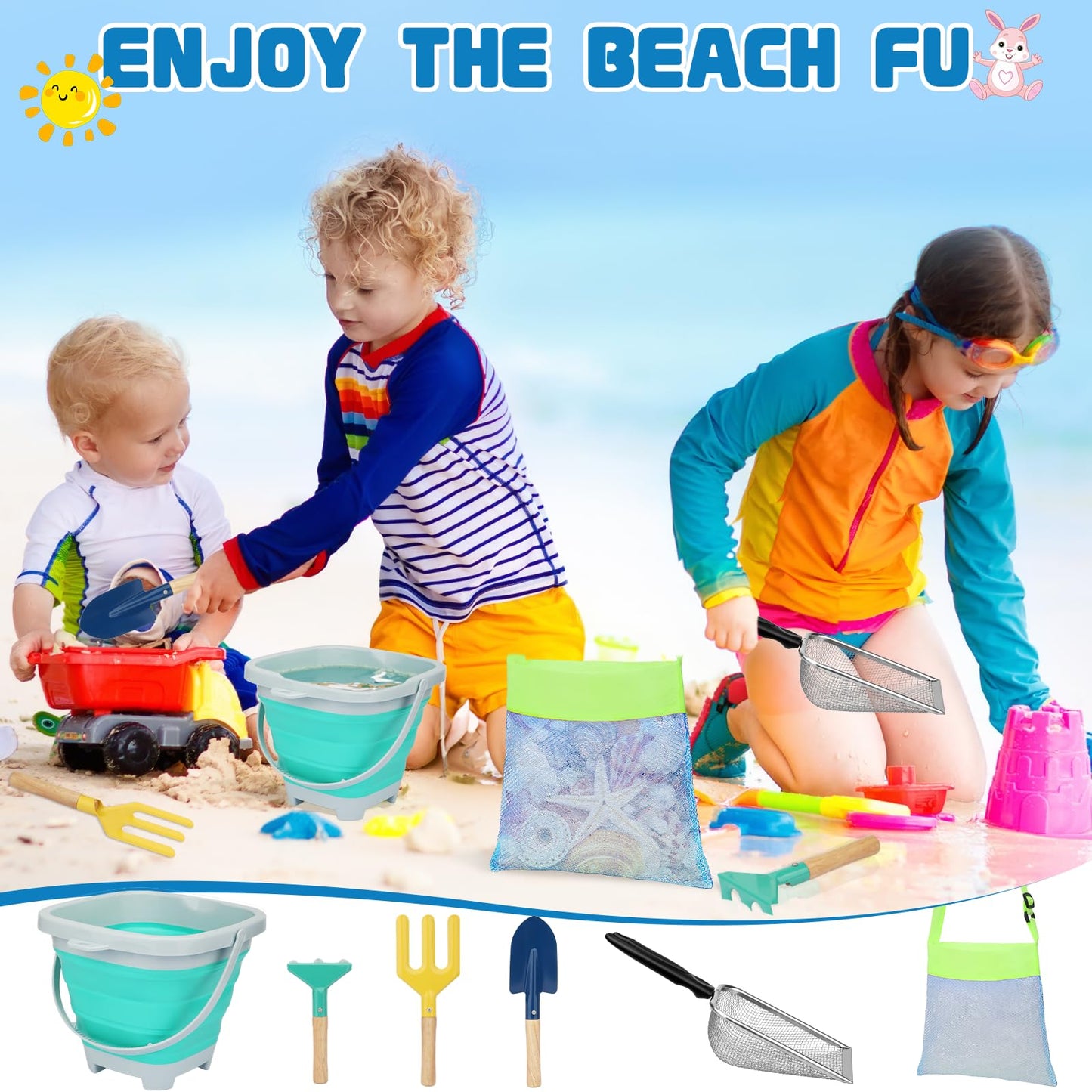 Mototo 12 Pack Beach Toys Set, Collapsible Beach Toys Included Foldable Bucket with Handle Sand Scooper Seashell Bag Mesh Shovel Hand Rake Fork Sand Sifter for Picking Up Shells Vacation Outdoor Play