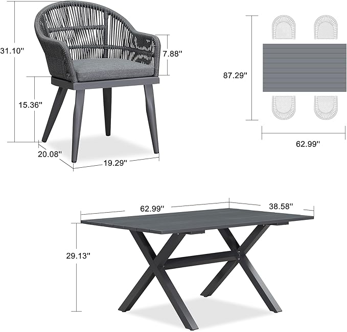 PURPLE LEAF 5 Pieces Patio Dining Set with Outdoor Aluminium Dining Table and Woven Chairs Modern Metal Furniture Cushions Sets for Garden Yard Indoor Decor Kitchen Gray