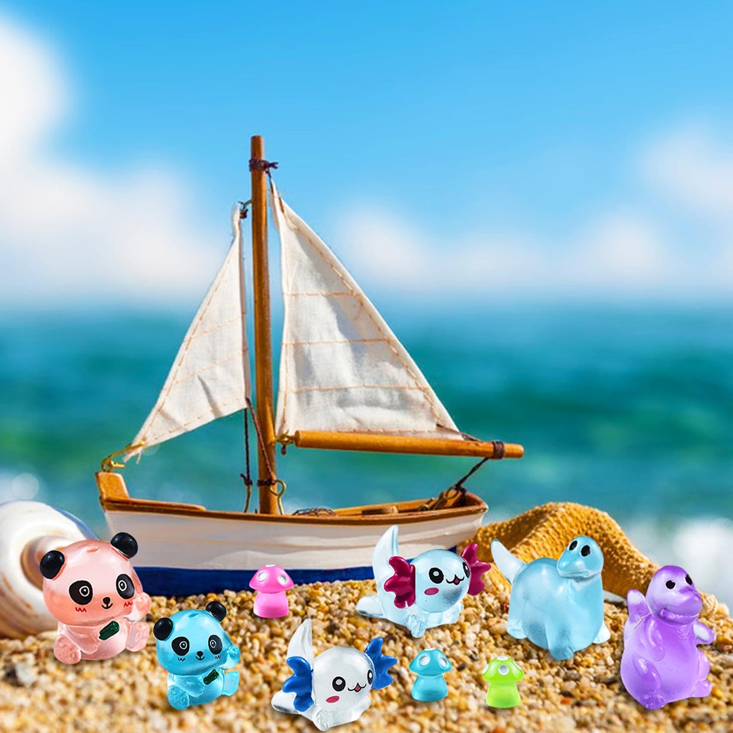 HOMICO 69 PCS Luminous Mini Resin Animals Kit Include Miniature Axolotl Panda Dinosaur Figurines and Tiny Mushroom Tiny Resin Animals for Garden Micro Landscape Aquarium Dollhouse Decor