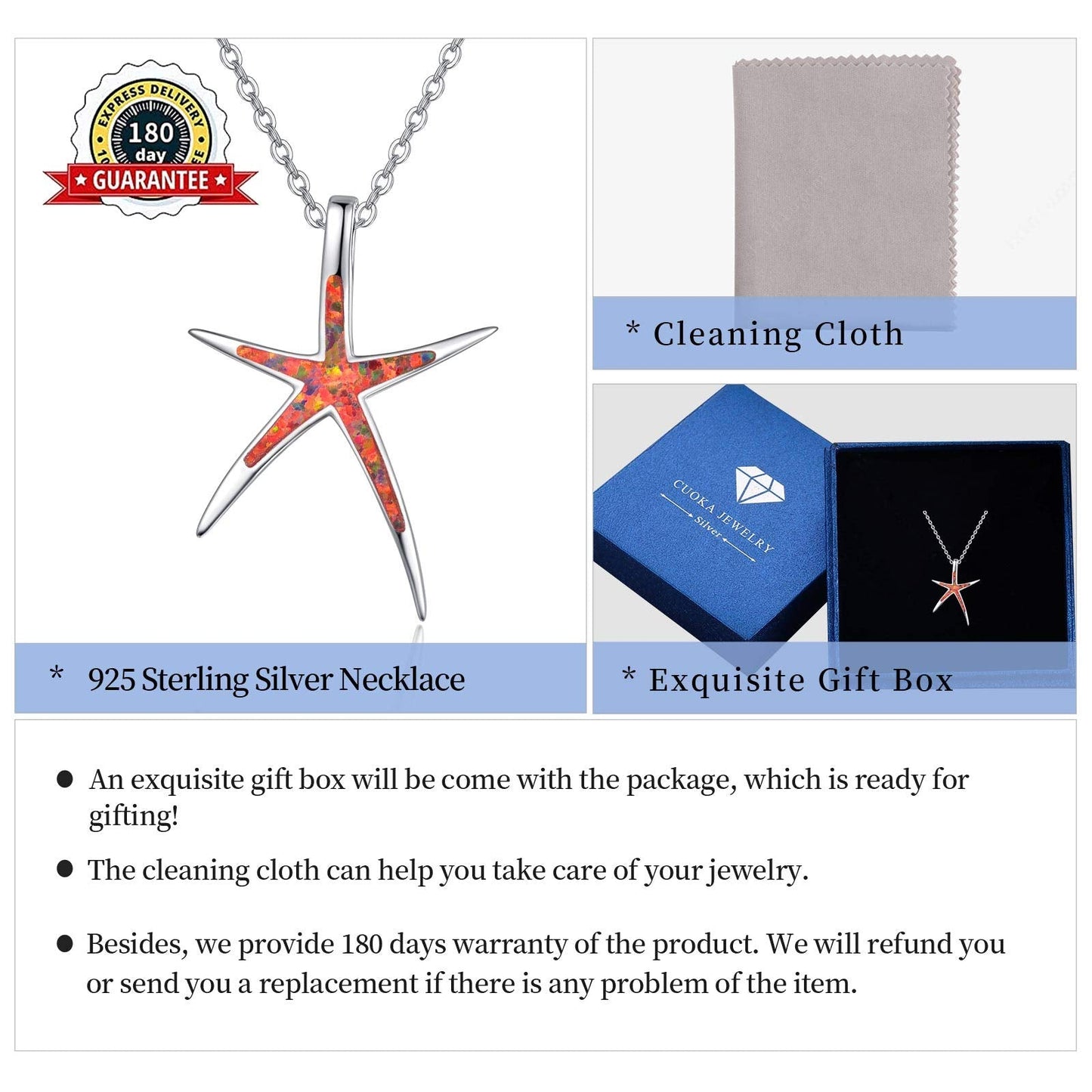 Cuoka Fire Opal Necklace 925 Sterling Silver Starfish Pendant Nautical Beach Sea Ocean Jewelry Valentine Gift for Women Girlfriend with Box