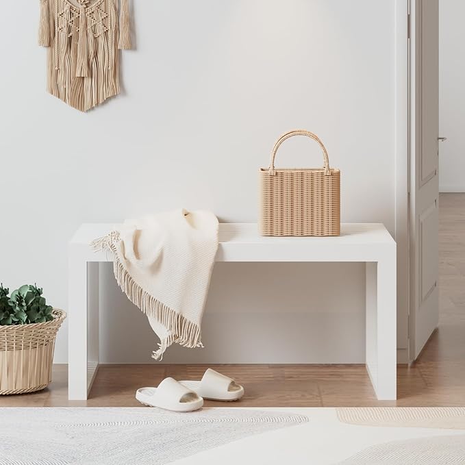 Bamboo Dining Bench Indoor Long Entryway Shoe Rack Benchs,Outdoor Modern Wood Benches 35 Inch Bamboo Bench for Living Room Hallway Bedroom Bathroom White
