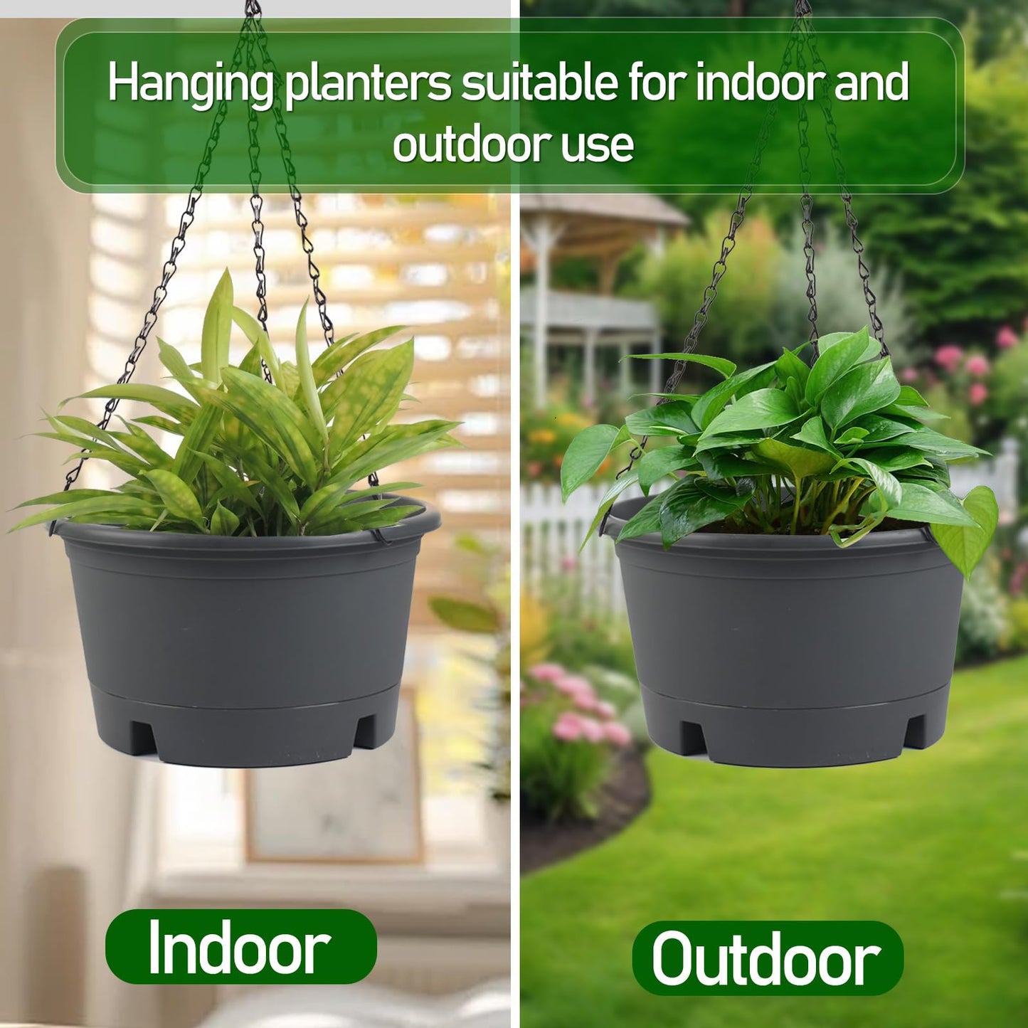 Svxtoby 10 inch Hanging Planters, 4 Pack Hanging Baskets for Plants with Removable Trays & 15.7" Chain, Round Plastic Hanging Flower Pots for Home Garden Porch Balcony Patio Decor (Grey)