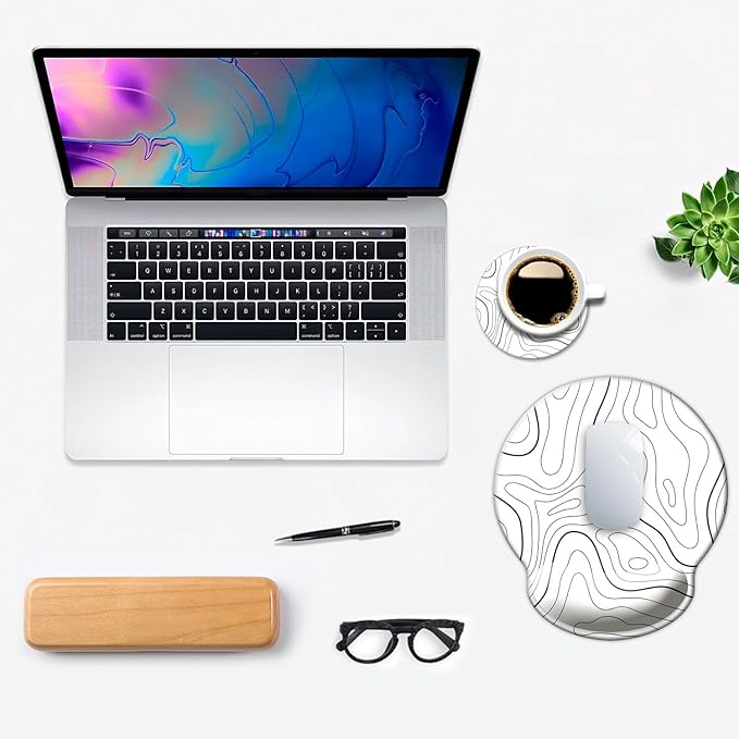 Ergonomic Mouse Pad with Wrist Support,Mouse Pad with Wrist Rest,Relieve Wrist Pain Mousepad Non-Slip Rubber Base,Mouse Pads for Desk,Computers,Laptop,Office,Home,Accessories White Topographic Line