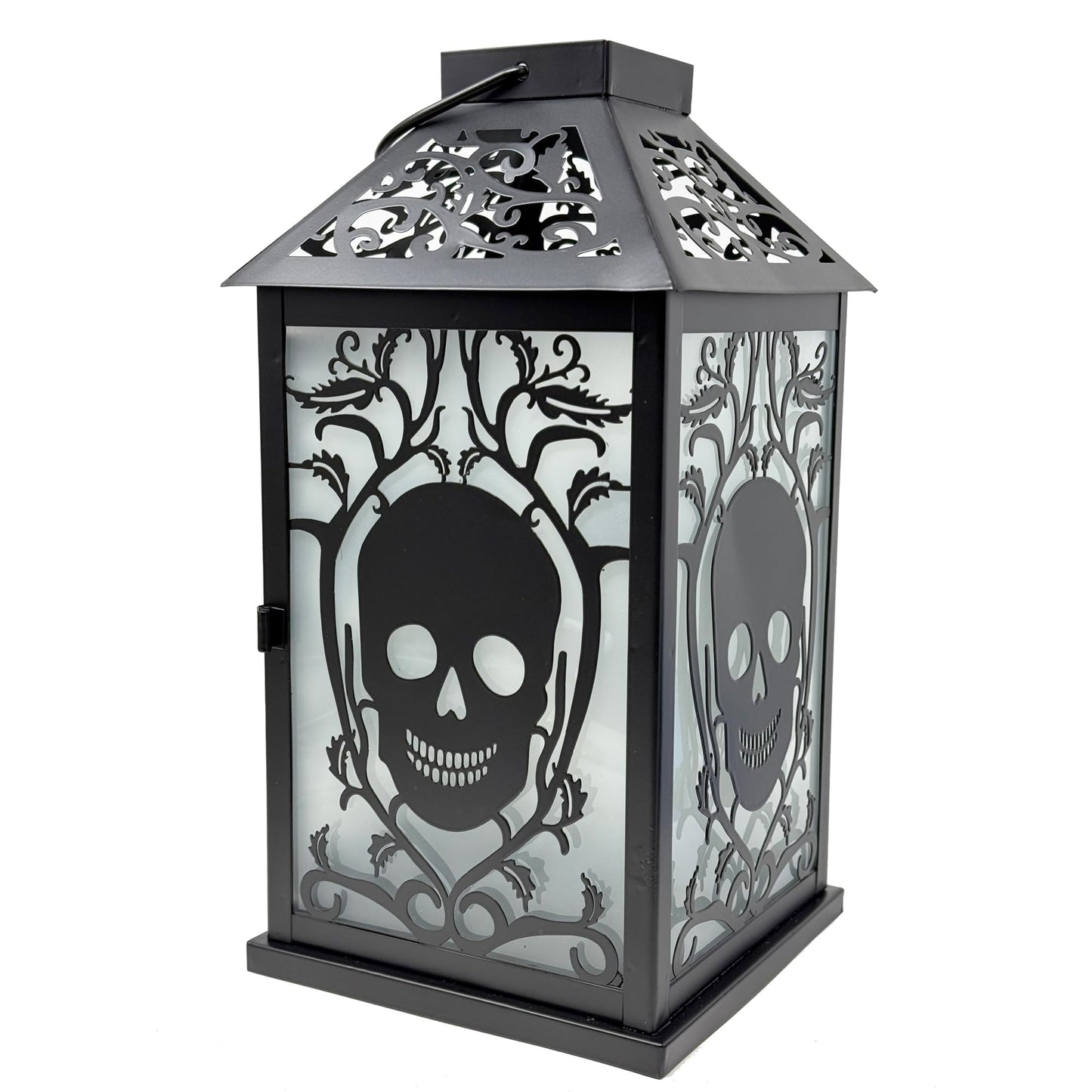 VELA LANTERNS 11.5" Halloween Skull Candle Lantern - Decorative Spooky Tabletop Light for Haunted House, Gothic Home, Front Porch & Party Decor, Metal with Frosted Glass (Candle NOT Included)
