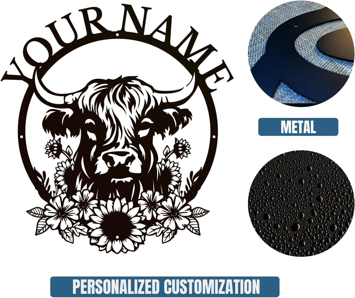 Personalized Highland Cow Name metal Signs,Custom Highland Cow Metal Shed Wall Decor,Black Metal Wall Art Plaques Outdoor wall Decorative Signage (Style H)