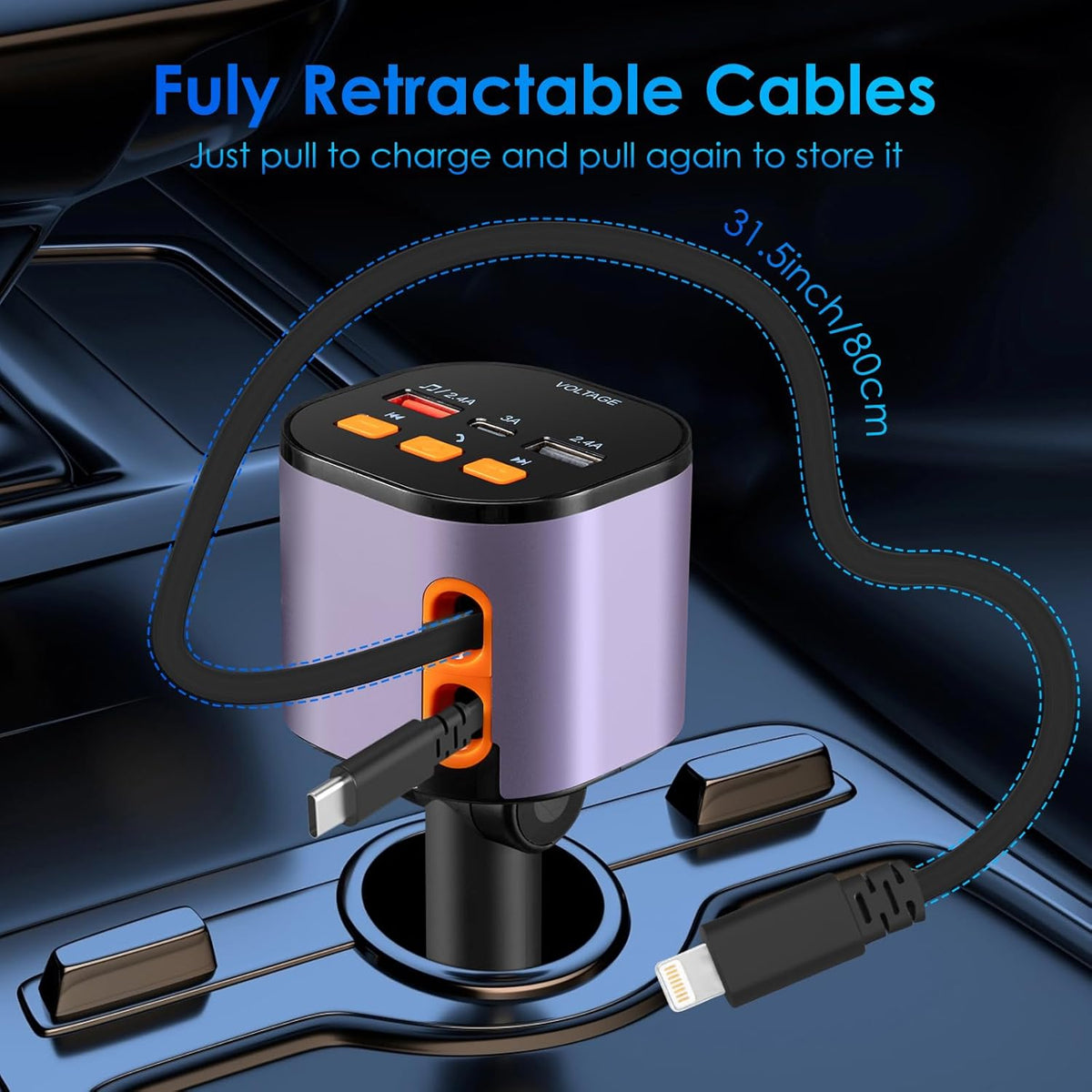 Retractable Car Charger,5 in 1 Fast Car Phone Charger 90W,Bluetooth 5.3 FM Transmitter Adapter,Handsfree Call,2 Retractable Cables and USB Cars Chargers for iPhone 15/14/13 (Purplr)