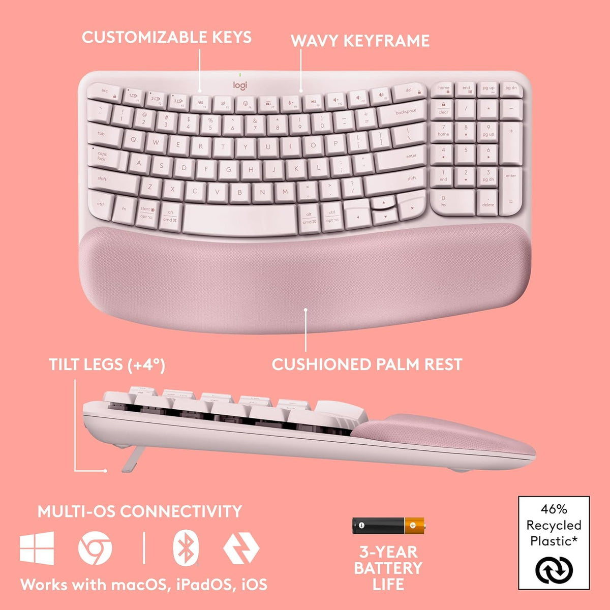 Logitech Wave Keys Wireless Ergonomic Keyboard with Cushioned Palm Rest, Comfortable Natural Typing, Easy-Switch, Bluetooth, Logi Bolt Receiver, for Multi-OS, Windows/Mac - Rose
