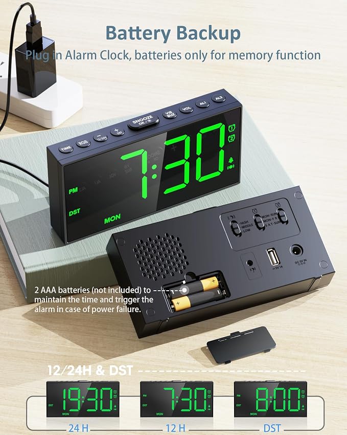 RGB Display Vibrating Alarm Clock with Bed Shaker for Heavy Sleepers Adults