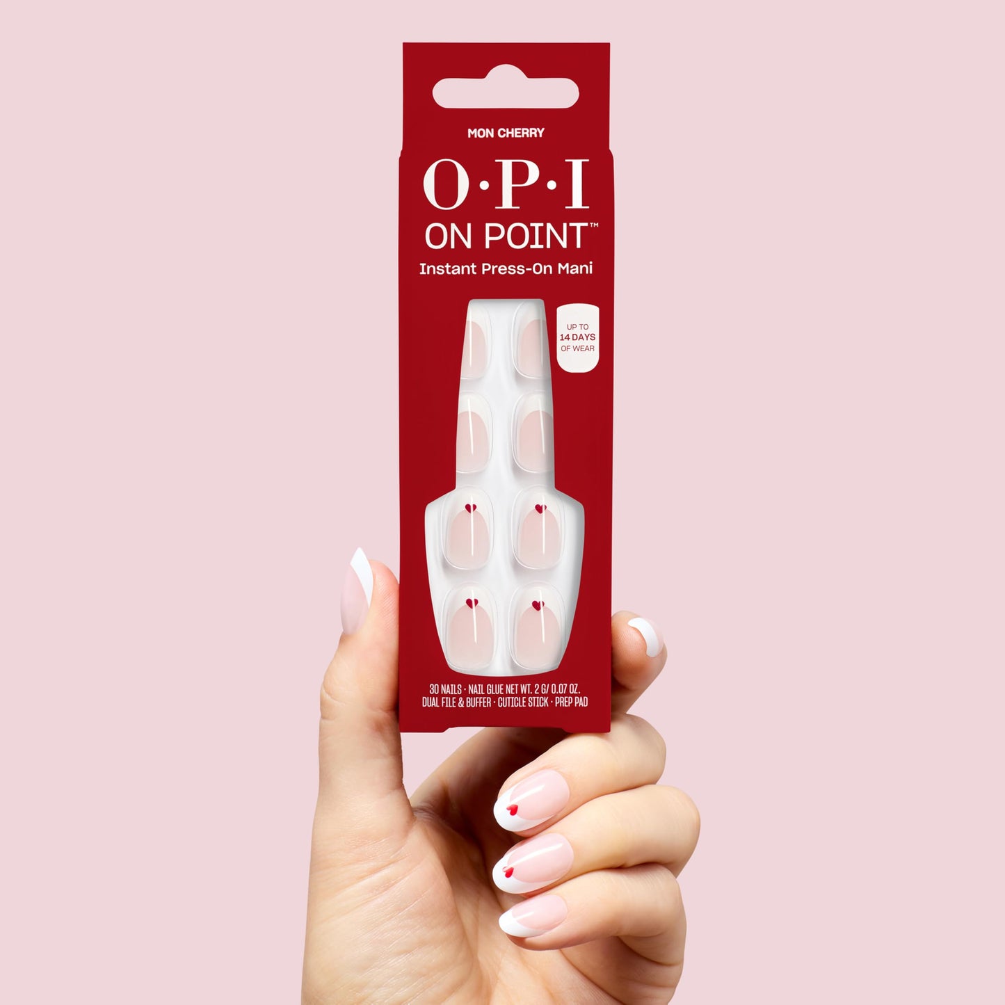 OPI On Point Mon Cherry | Short Round Opaque White French Tip with Red Hearts Nail Art Press On Nails | 30 Count with Glue | Long Lasting, Reusable, Non-damaging | Spring 2026 Shades