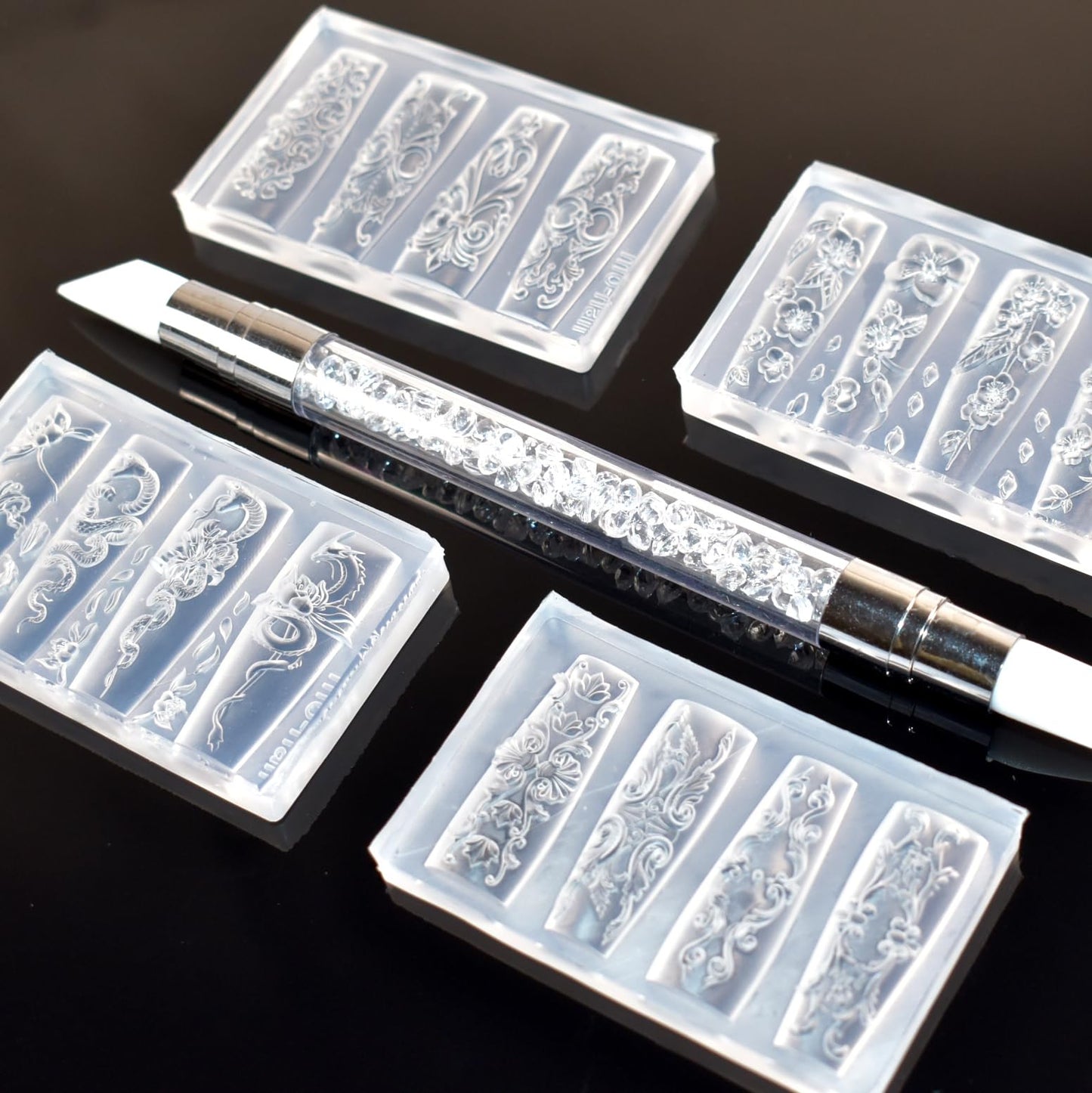4pcs Nail Molds for Nail Art Retro Flower Charm Molds Intricate Floral Designs with Carving Pen Clear Modeling Templates Manicure Tools for DIY Salon Nail Design
