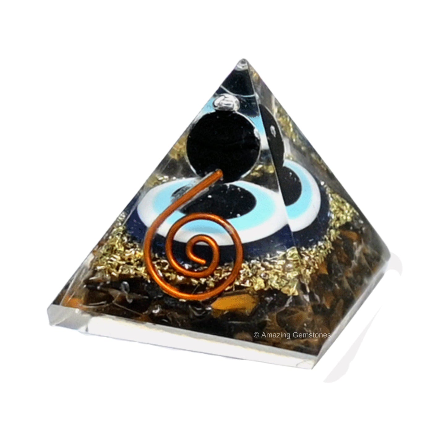 Amazing Gemstone Ultimate Protection Orgone Pyramid with Evil Eye Black Obsidian Sphere - Triple Protection Crystals Tiger Eye Hematite & Black Obsidian (30mm, Small)