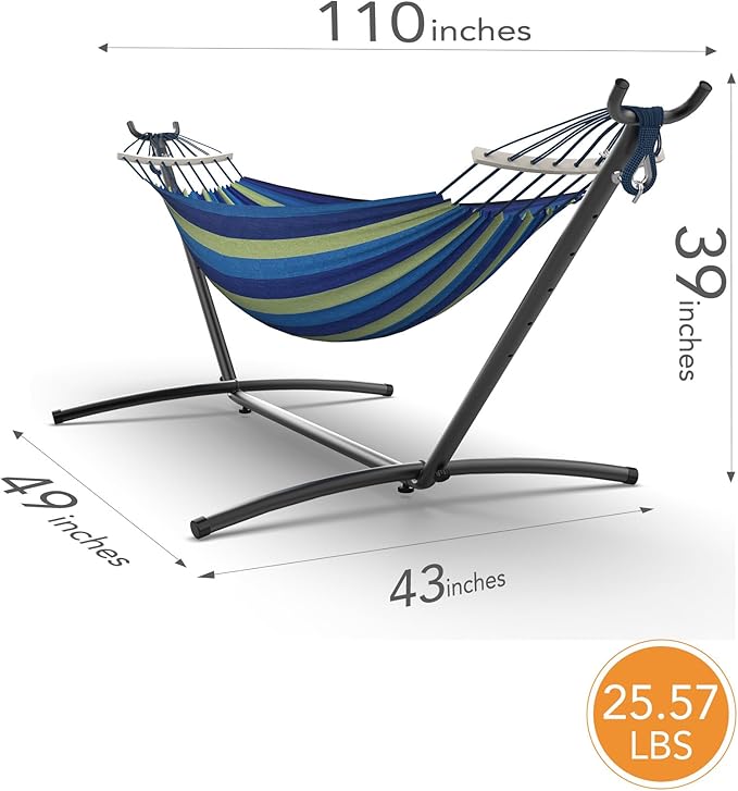 Double Hammock with Space-Saving Steel Stand, 2 Person Heavy-Duty Hammock for Garden, Yard or Outdoor, 600lbs Capacity, Wide Blue