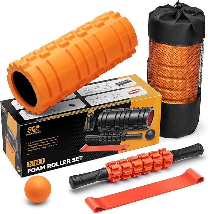 5 in1 Foam Roller Set, Trigger Point Foam Roller, Massage Roller Stick, Massage Ball, Resistance Band for Deep Muscle Massage Pilates Yoga,Fitness Exercise for Whole Body (Orange-Black)