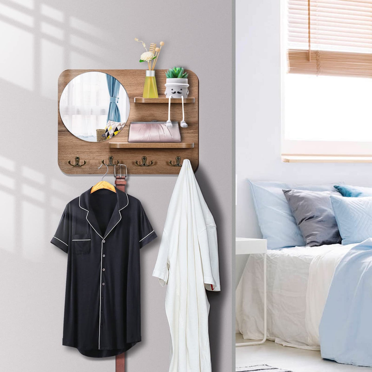 YeadCedle Wooden Key Rack with Mirror, Shelf and 4 Key Hooks for Rustic Entrances, Hallways, Living Rooms and Bedrooms - 16"x12" (Oak Color)