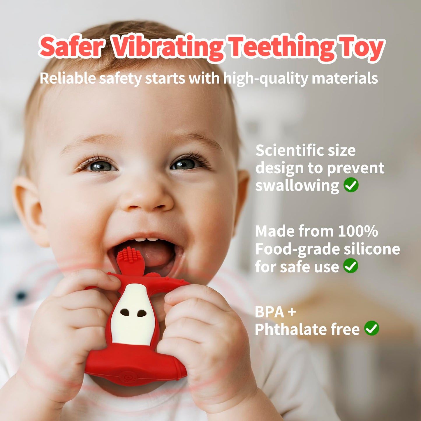Vibrating Teether for Baby with Remote Control - Chewy Sensory Toy for Teething & Autism, 10-Speed Vibration Modes, USB Rechargeable, Food Grade Silicone Teether for Sensory Seekers (Red)