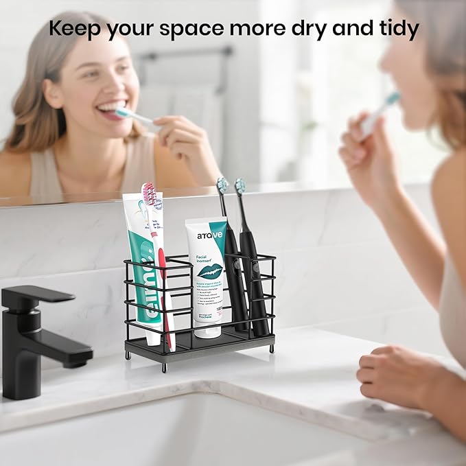 Toothbrush Holder with Quick Drying Mat—Toothbrush and Toothpaste Holders for Bathrooms—5 Slots Openwork Design Black Toothbrush Holder Set,Bathroom Counter Organizer for Electric Toothbrush