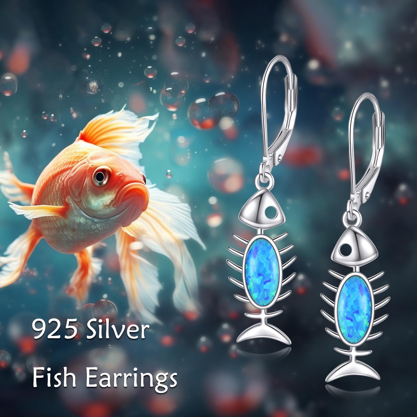 Fish Bone Dangle Earrings Sterling Silver Blue Opal Fishbone Skeleton Drop Earrings Jewelry Gift for Women