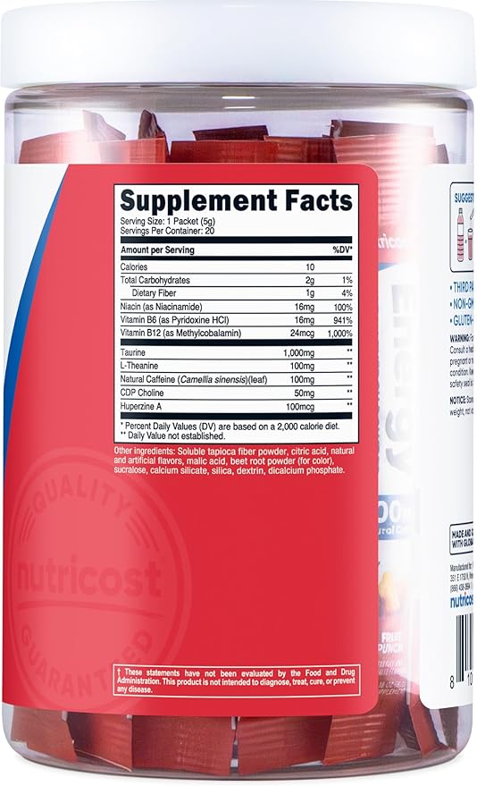 Nutricost Energy Complex Stickpack (20 Servings) Fruit Punch Flavored - Gluten-Free + Non-GMO