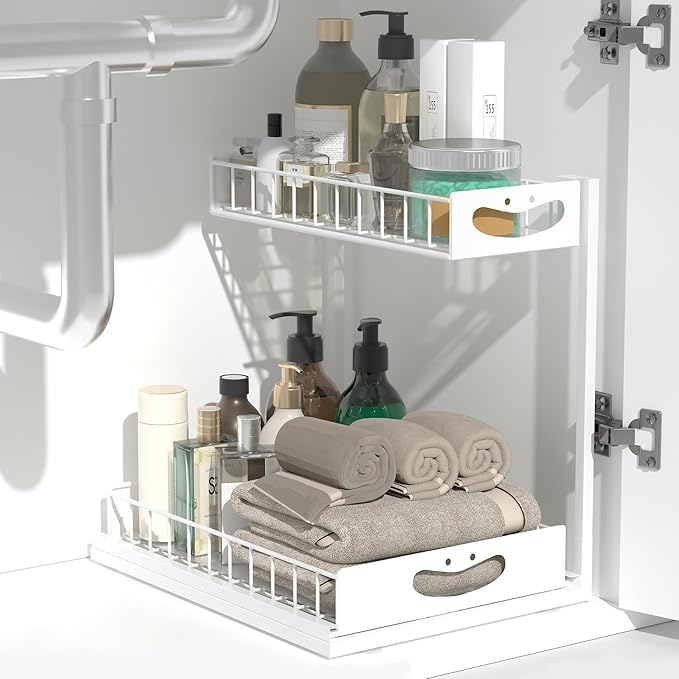 Under Sink Organizer with Pull-Out Drawers,Kitchen Sink Organizer,2 Tier Bathroom Organizers And Storage,Bathroom Accessories Set,White 2 Pack