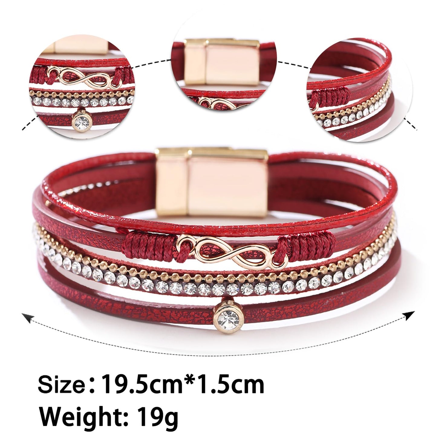 Leopard Bracelet for Women, Boho Leather Wrap Multi-Layer Pearl Crystal Bracelet Bangle Jewelry (Infinite(Red))