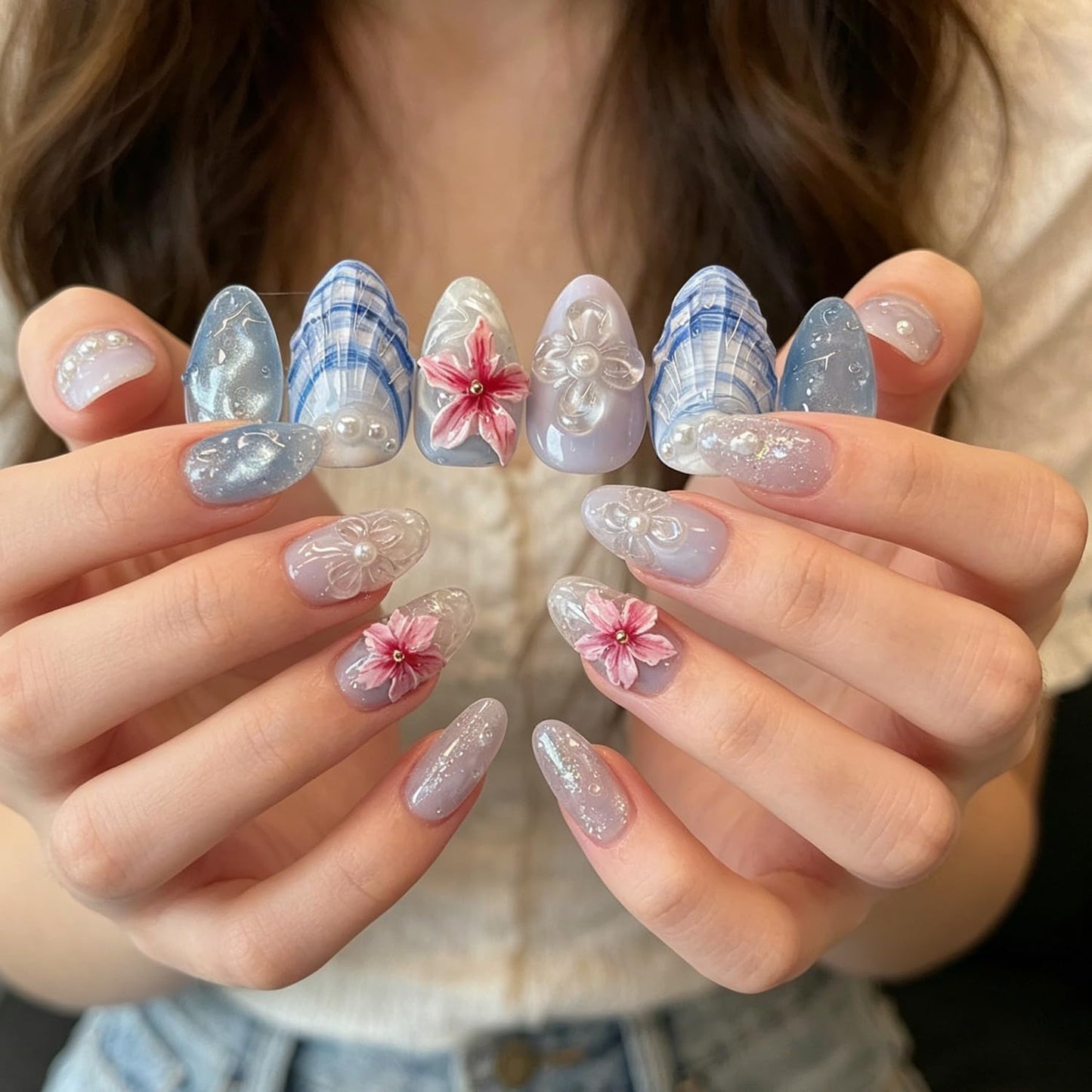 Blue Ocean Press on Nails, Medium Almond Handmade 3D Seashell Fake Nails with Pearl & Flower Designs, Reusable False Nails with Glue Tabs Stick on Nails for Summer Beach 30Pcs Nail Kit