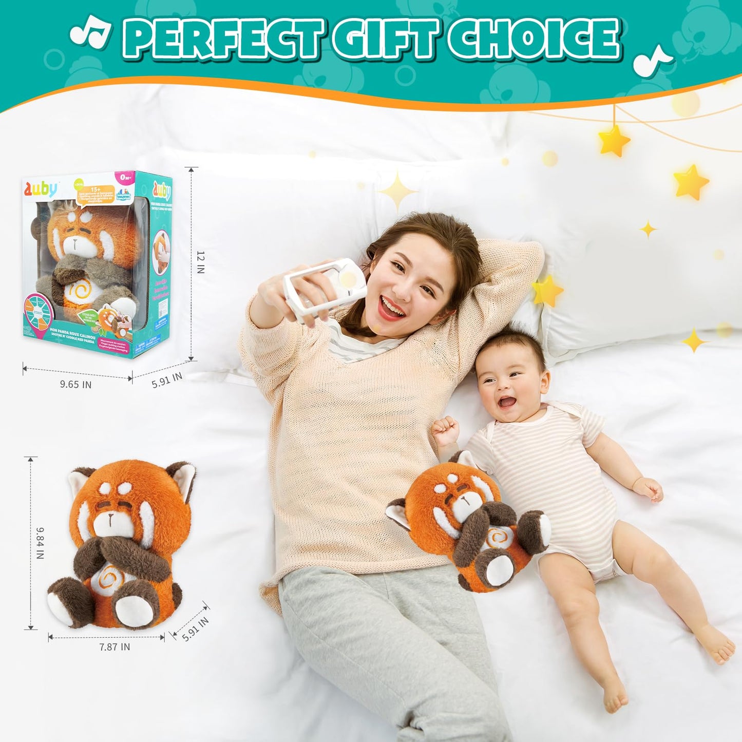 auby Red Panda Baby Soothing Toy - White Noise Machine & Lullabies, Plush Comfort with Rhythmic Breathing, Removable Sound Box for Easy Wash, Newborn Gift
