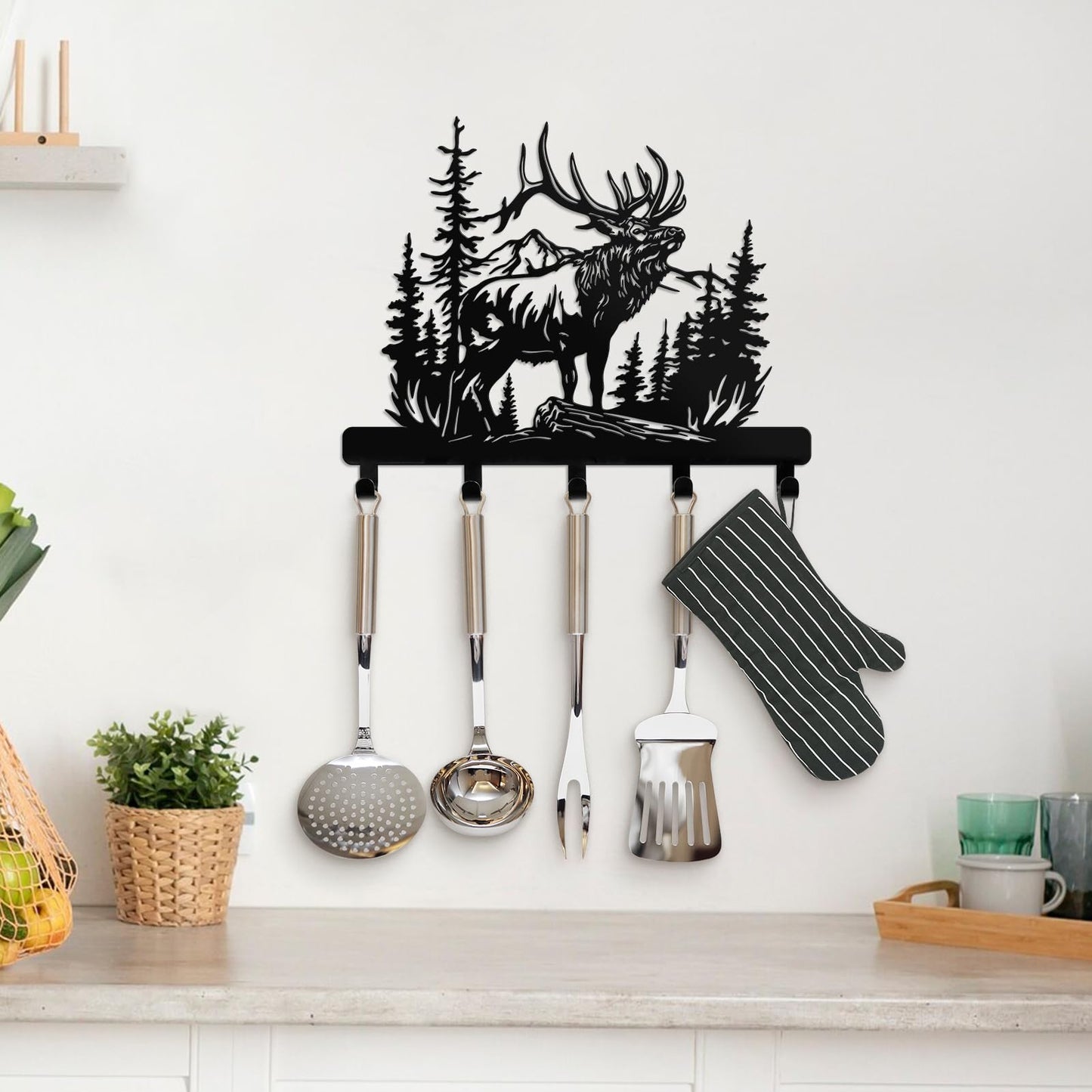 Hnatzu Deer Head Key Hanger Wall Mount-Rustic Metal Wall Hook with Mountain Forest Scene, Functional Deer Wall Decor for Entryway, Cabin, Hunting Lodge