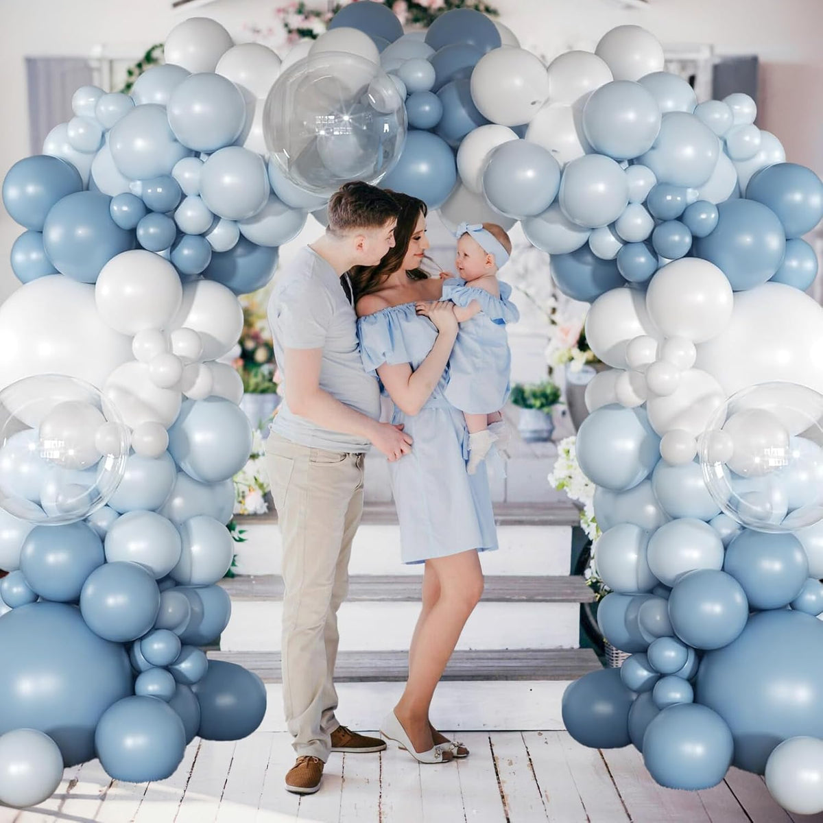 Dusty Blue Balloon, 12 inch Blue White Clear Balloon, Light Blue Macaron Blue Matte White Balloons with Transparent Balloons for Birthday Party Wedding Baby Shower Gender Reveal Decorations