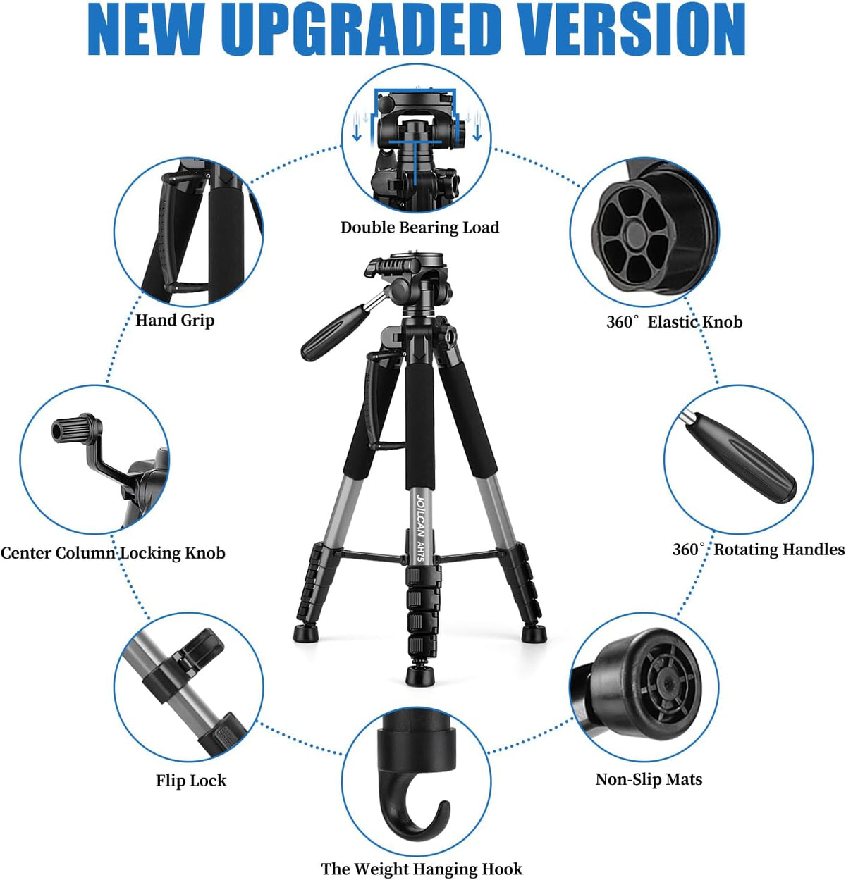 JOILCAN Tripod Camera Tripods, 74" Tripod for Camera Cell Phone, Heavy Duty Tripod Stand, Professional Travel Tripods Compatible with Canon iPhone DSLR, Starry Gray