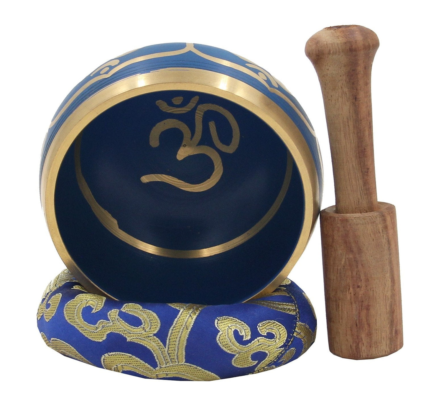 DharmaObjects® Tibetan Blue Yoga Meditation OM Singing Bowl Mallet Cushion Box Gift Set (Navy Blue)