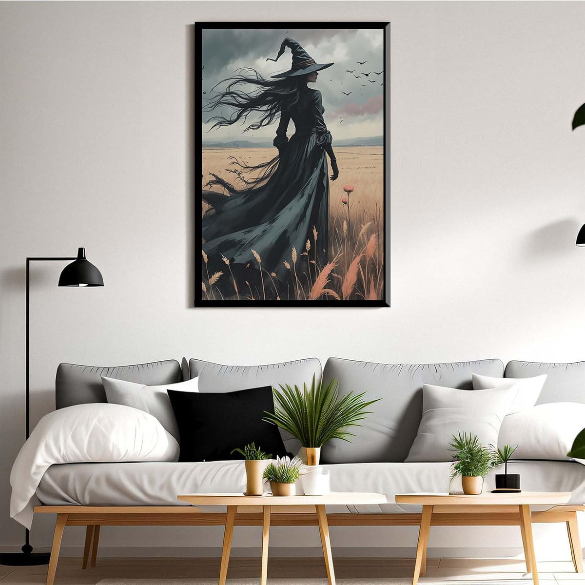 JFHCQJPK Gothic Decor Canvas Wall Art Witch in Rice Field Halloween Art Decor Print Nature Print Victorian Home Bedroom24x36in Metal blackFramed