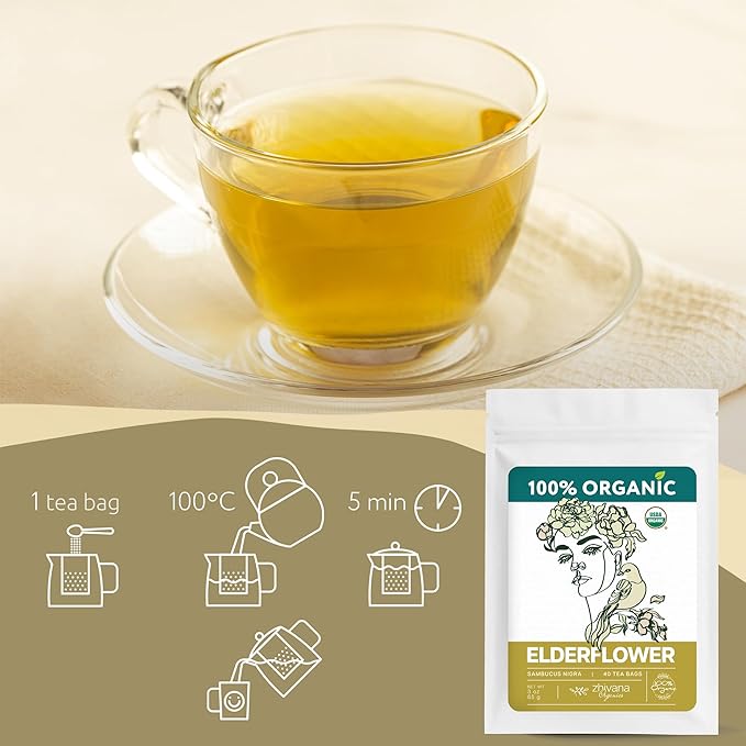 Organic Elderflower Tea (40 Tea Bags) - Elder Flowers Tea for Respiratory Health, Immunity - Herbal TeaBags for Cold Weather Days - Seasonal Blend - Te de Flor de Sauco