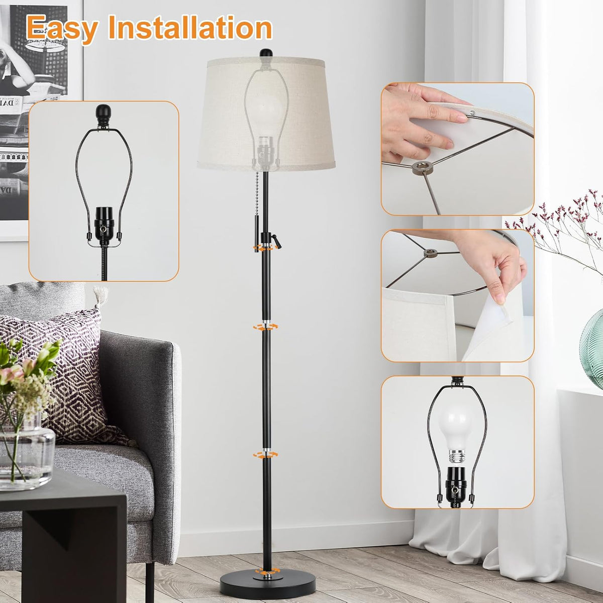 Floor Lamps for Living Room, Black Floor Lamp Adjustable Height Standing Lamp, Dimmable Modern Tall Floor Lamp for Bedroom Office with Beige Linen Shade, 8W 3000K Bulb Included