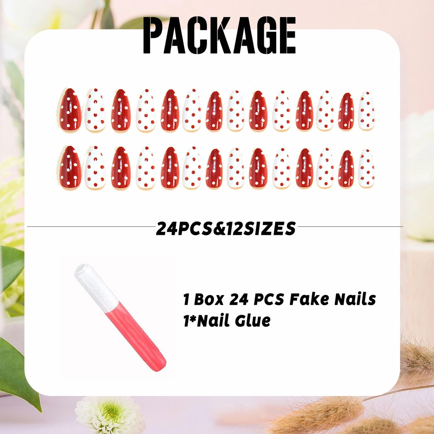 IMSOHOT Press on Nails Medium Almond Fake Nails Red White Polka Dot False Nails Glossy Artificial Handmade Acrylic Glue on Nails for Women Girls Manicure 24Pcs