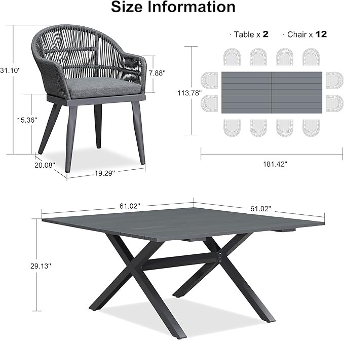 PURPLE LEAF 13 Pieces Oversized Patio Dining Set with Outdoor Aluminium Dining Table and Woven Chairs Modern Metal Furniture Cushions Sets for Garden Yard Indoor Decor Kitchen Gray