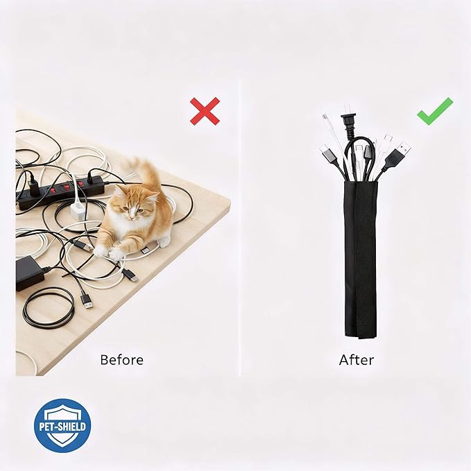 Flauzmann 1/2" - 6.6FT Chew Proof Cat Cord Protector(Hook & Loop Split Sleeve for Pets - Cat/Dog Proof Cable Management Sleeve for Office USB Computer Audio Cables, Flexible Wire Cover - Black