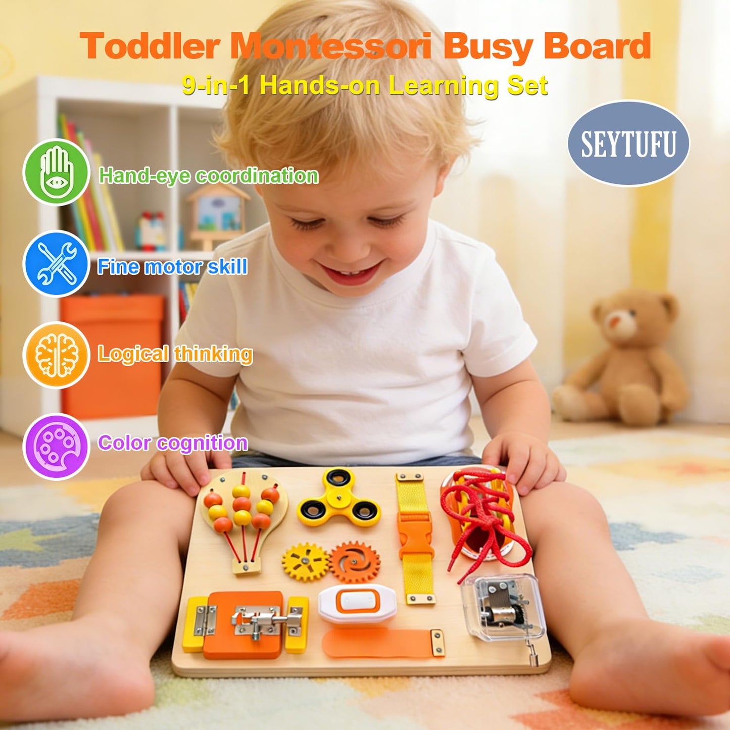 SEYTUFU Montessori Busy Board for Toddlers, Wooden Sensory Toys Autistic Children, Travel Toys for Educational Fidget Board with Switches & Music Boxes, Fidget Spinner, Locks for 3+ Year Kids Gifts.