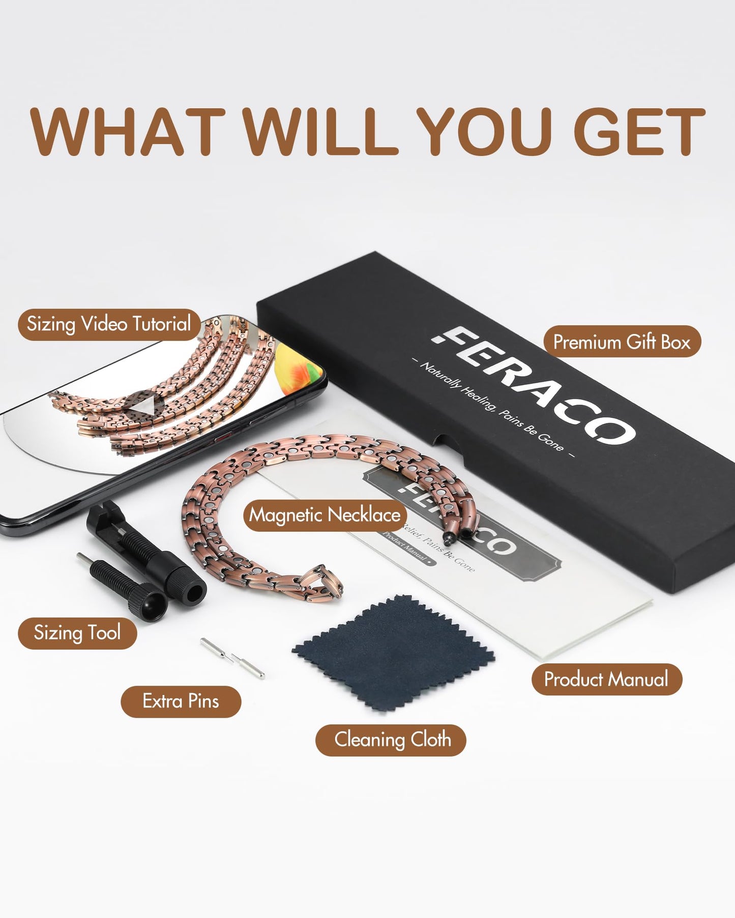 Feraco Copper Necklace for Men Women, 99.99% Pure Copper Magnetic Chains with 3500 Gauss Ultra Strength Neodymium Magnets, Adjustable Jewelry Gift with Sizing Tool (Smooth Wave)