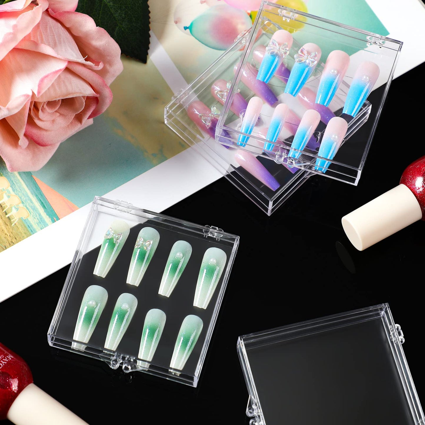 Landhoow 30 Pcs Press on Nail Storage Box with 60 Pcs Adhesive Double Sided Tape Acrylic Artificial False Nail Packaging Display Case Organizer for Art Home Business Salon Supplies(Clear)