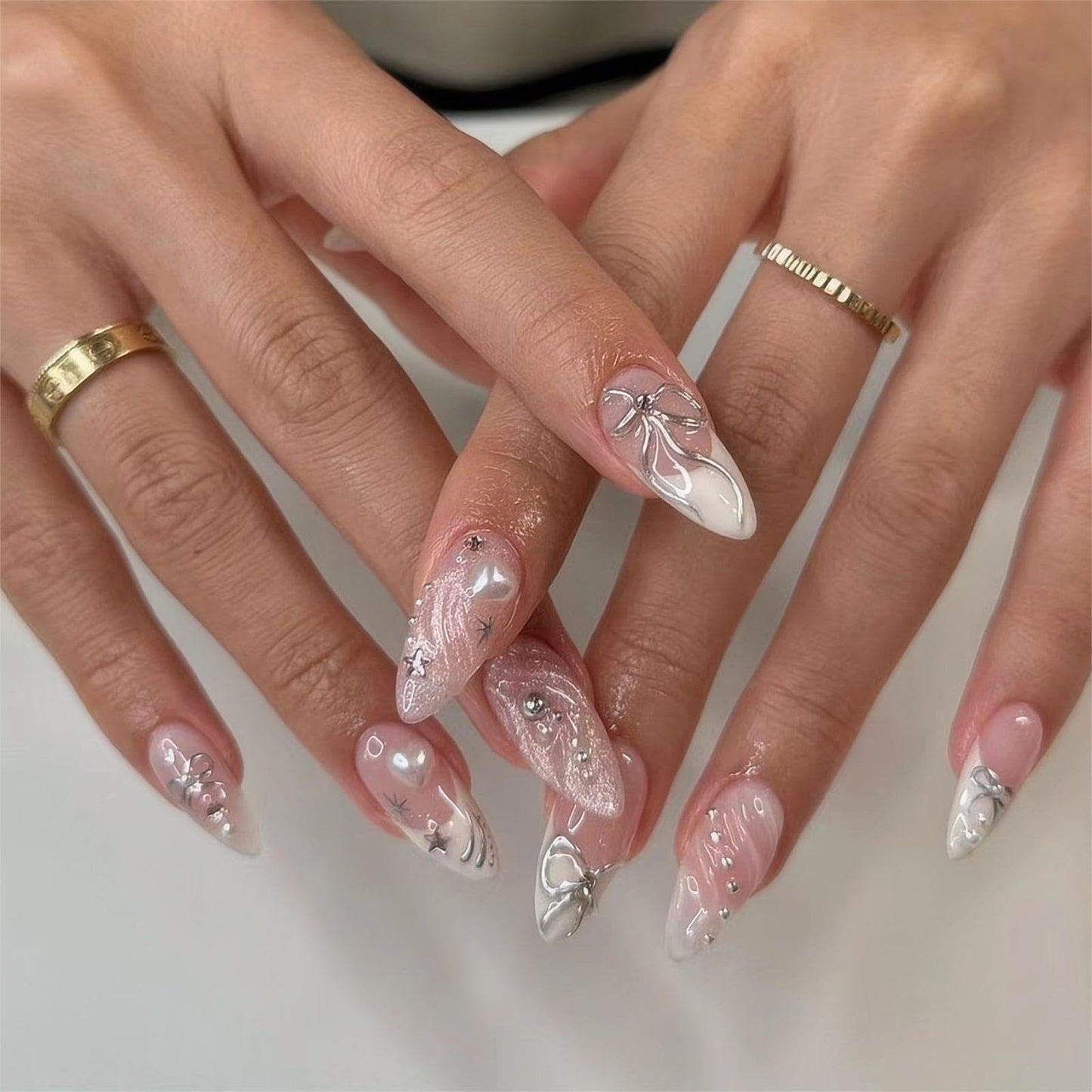 QQPPOLIU Medium Press On Nails Almond Shape with 3D Coat Glue On Nails French Tip Full Cover Nails 24pcs for Women and Girls