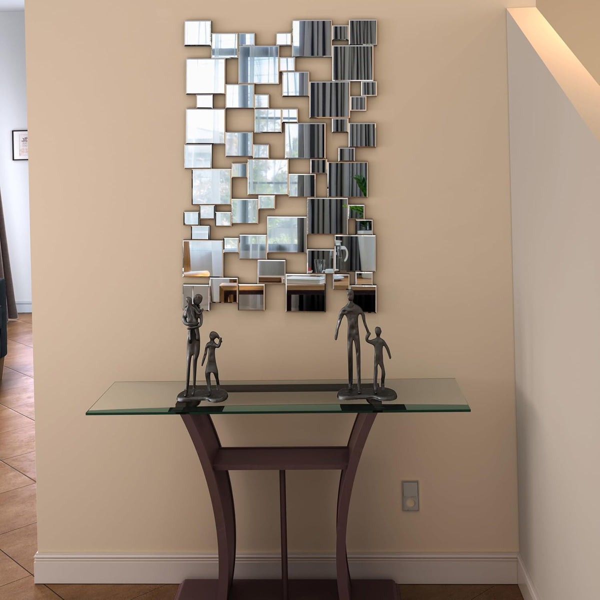 KOHROS Large Silver Wall Mirrors Decorative 48×32 Inch Modern Art Geometric Patchwork Mirror for Wall Decor, Living Room & Entryway Decor, 3D Space - Extending Wall - Mounted Mirror