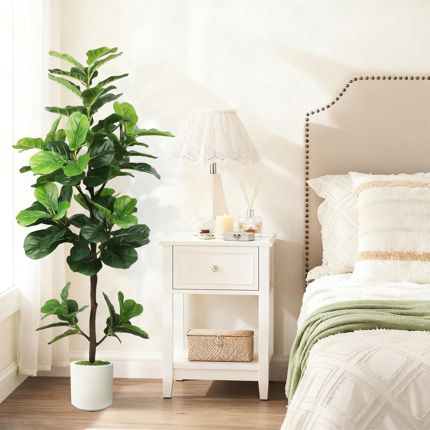 5FT Artificial Fiddle Leaf Fig Tree with White Planter & Fake Moss, Realistic Faux Ficus Lyrata Floor Plant for Indoor Home Office Decor, Housewarming Gift