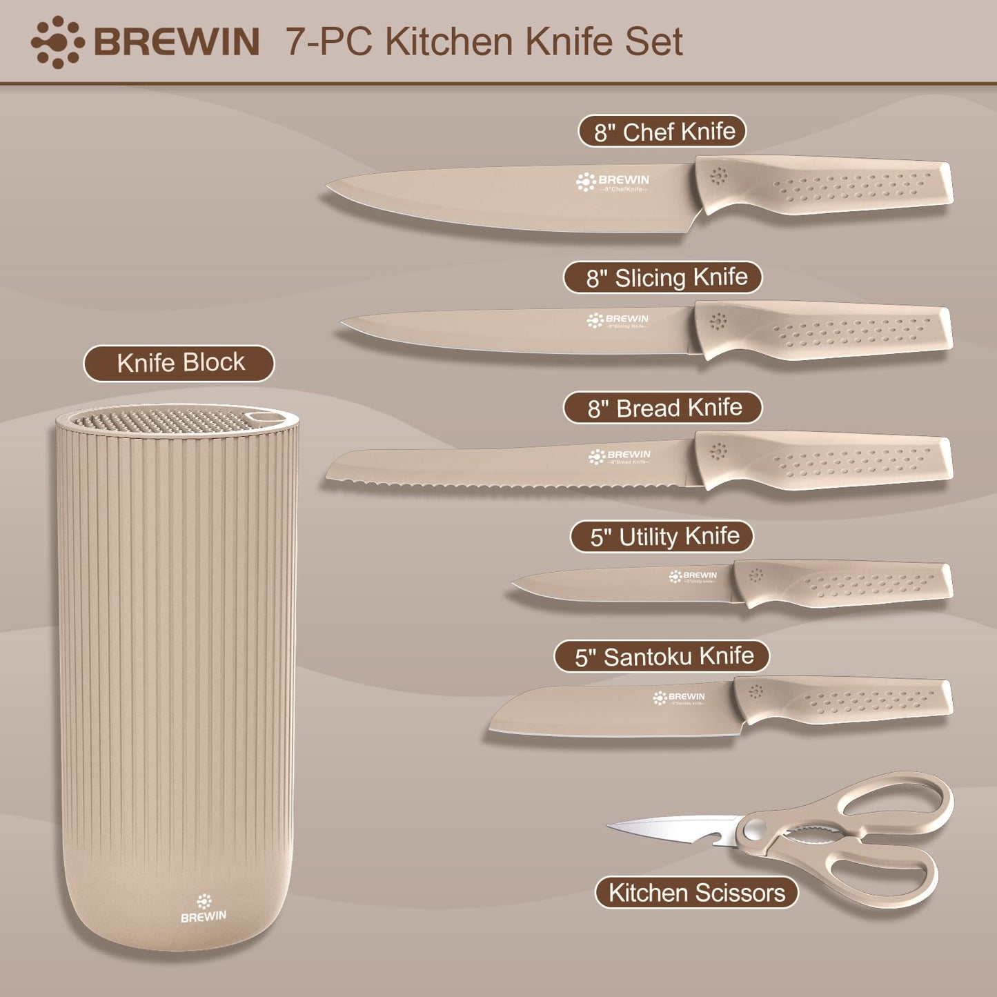Knife Set, Brewin Kitchen Knife Set, Knives Set for Kitchen, Universal Knife Block, Utility Knife Block Set, New Home Essentials, Apartment Essentials, Dishwasher Safe
