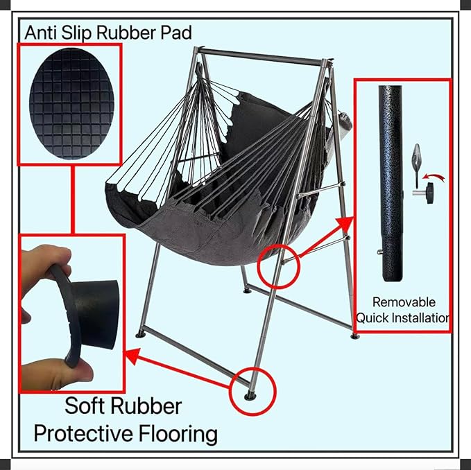 Hammock Chair Stand with X-Large Swing Chair with Footrest,Anti-Tip Thickened Weather-Resistant Iron Pipe Swing Frame, 450Lbs Stand Capacity Quick Assembly for Indoor Outdoor (Dark Grey)