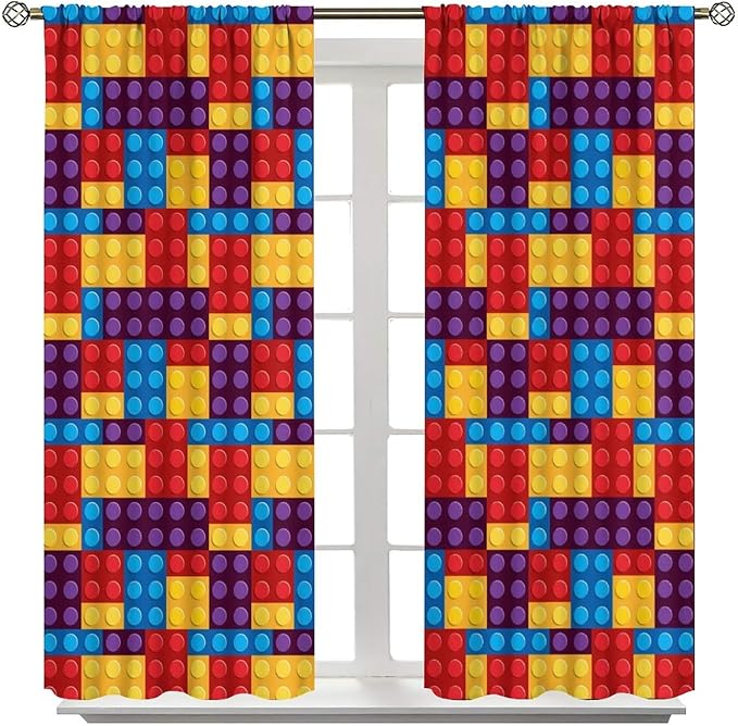 Building Block Colored Curtains, Children's Themed Curtains Collection Building Block Patchwork Cartoon Print Curtains, Light Trim 2 Panel Set Rod Pockets 55x63in