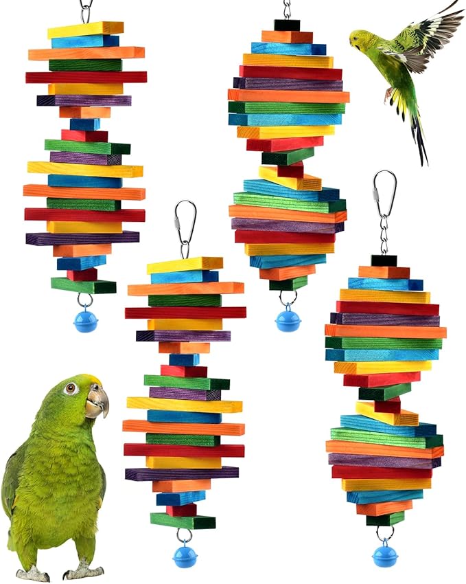 Bissap 2 PCS Bird Chew Toys, Multicolored Bagel Cascade Bird Parrot Chewing Sticks Biting Wooden Blocks Toy for Small Medium Conure Parakeet Cockatiels Lovebird Similar Sized Pet Birds