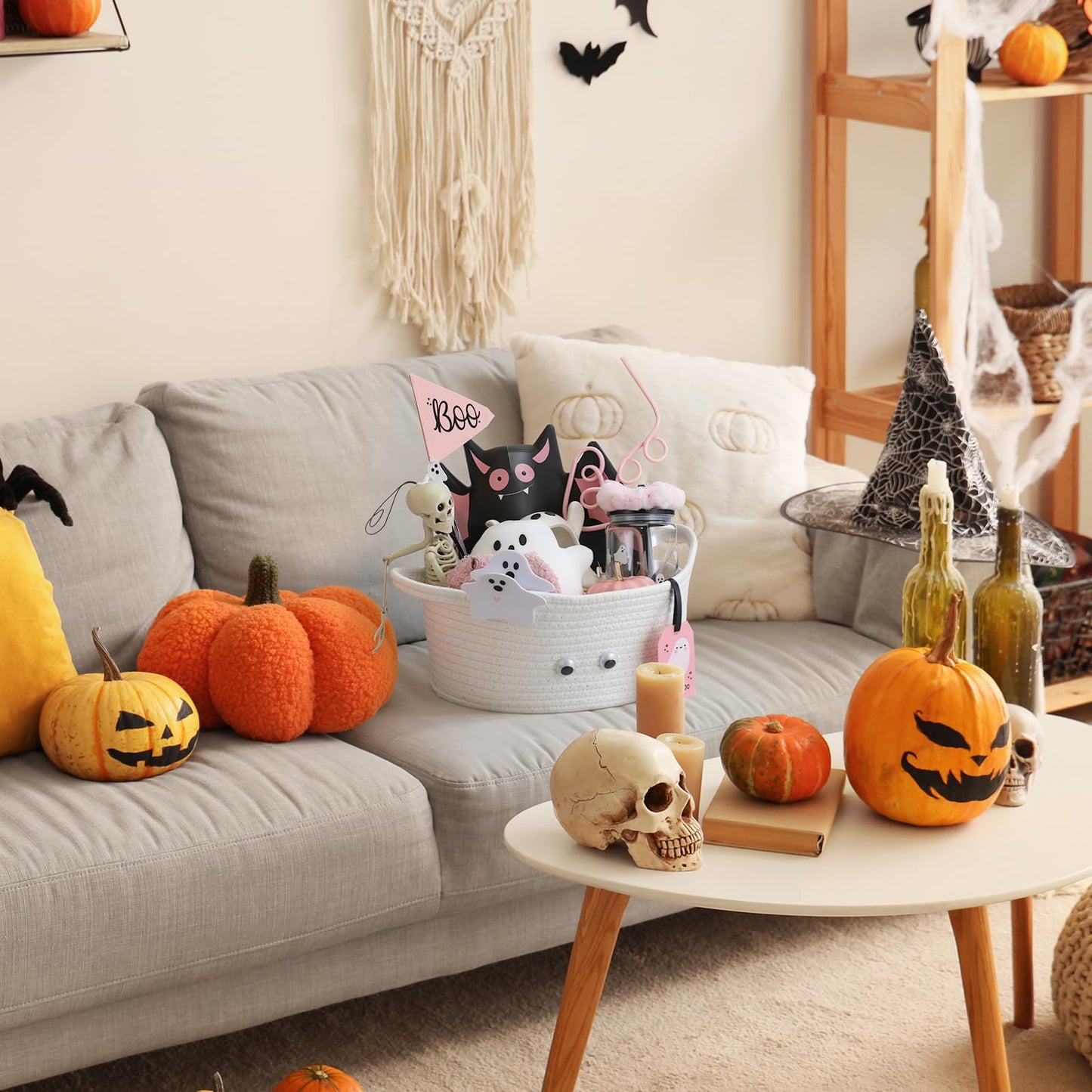 Reallnaive 12 Pcs Halloween Boo Gifts Basket Stuffers for Women Summer Halloween Spooky Ghost Cute Boo Basket Gifts Plastic Cups Paper Bat Plate Fuzzy Socks Skeleton Pendant for Her Sister Friends