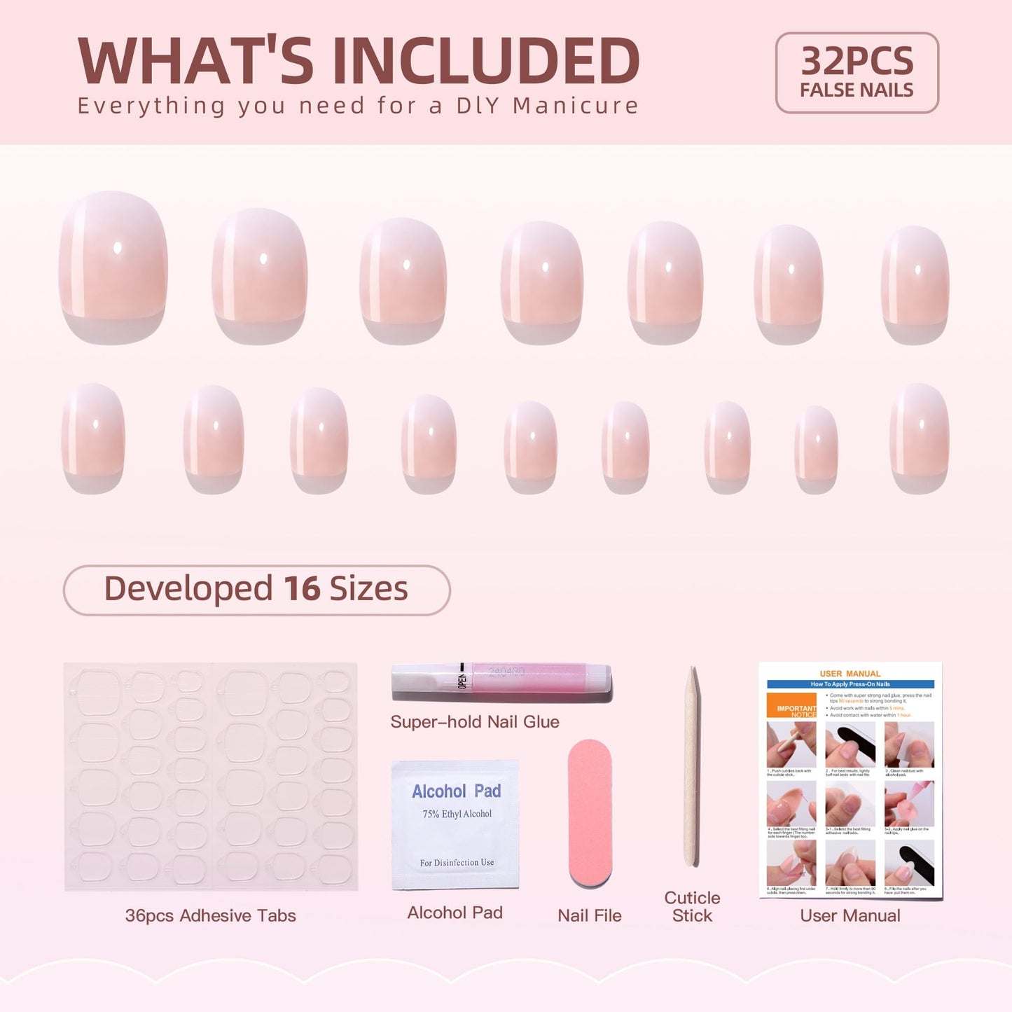 RTKHFZE Press On Nails Short - Soft Gel Ombre Pres on Nails Square Short Gel Fake Nails with Nail Glue,Fit Perfectly,16 Sizes - 32Pcs Reusable False Nails Tips Kit